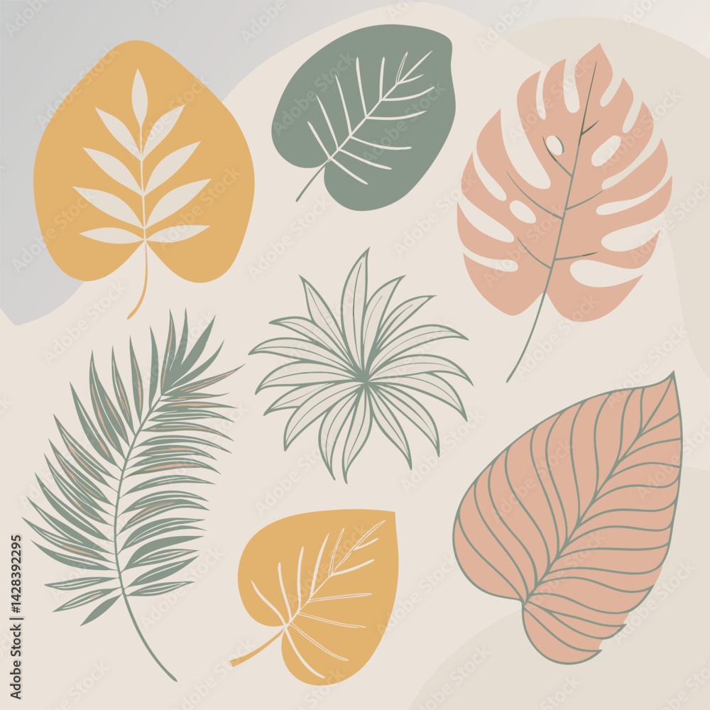 A collection of 8 tropical leaf silhouettes, featuring fern, monstera, and palm leaves A collection of 8 tropical leaf silhouettes, featuring fern, monstera, and palm leaves