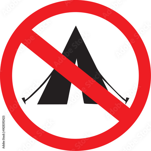 no camping allowed sign icon, prohibition symbol with tent, warning for restricted camping or outdoor area