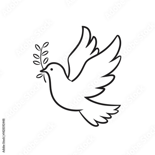 A simple line drawing depicts a dove gracefully flying while holding an olive branch in its beak.