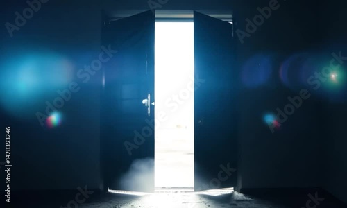 The door opens slowly revealing a room with bright light. life and mysterious concept