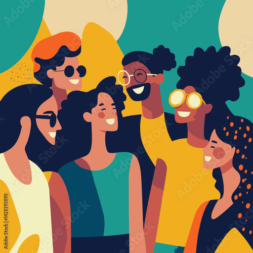 Diverse group of friends enjoying a joyful moment in a modern flat design, celebrating friendship in vibrant colors and styles