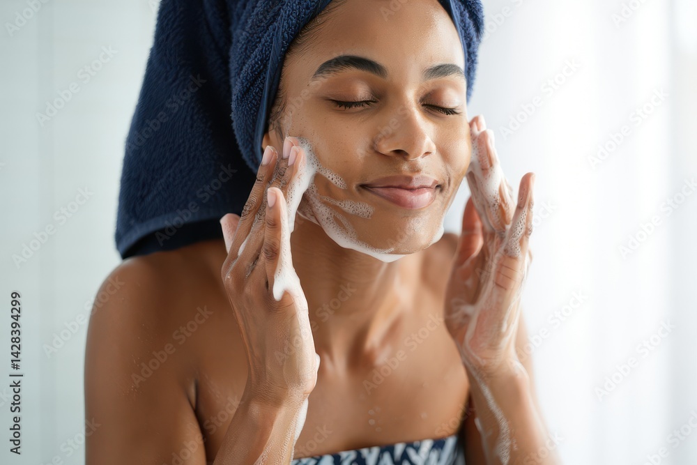 Smiling Woman Washing Face with Foam, Towel Wrapped Hair, Skincare Routine