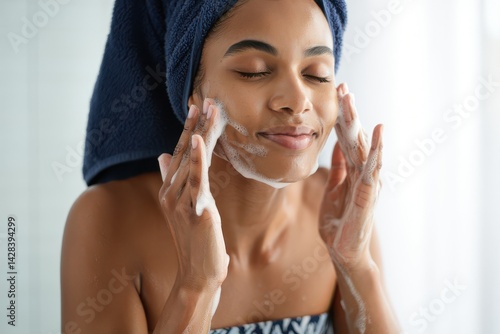 Obraz na płótnie Smiling Woman Washing Face with Foam, Towel Wrapped Hair, Skincare Routine w salonie