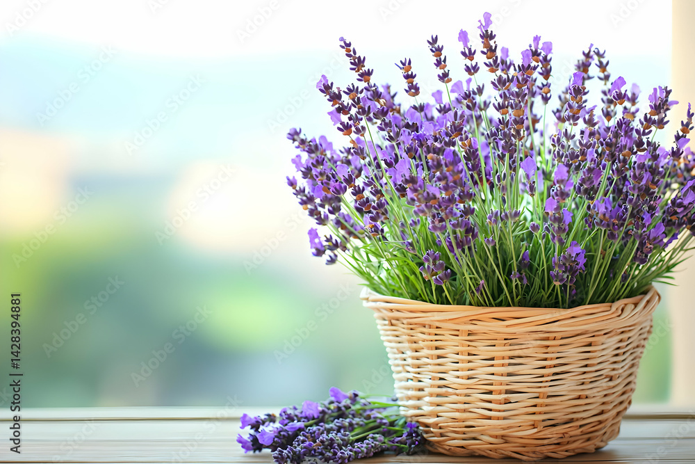 Fototapeta premium Lavender Blooms in Rustic Basket Near Window