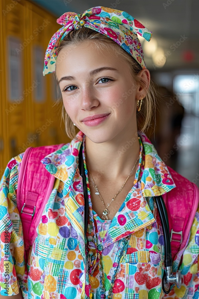 Fototapeta premium A cheerful school nurse stands confidently in a vibrant outfit embodying care and compassion