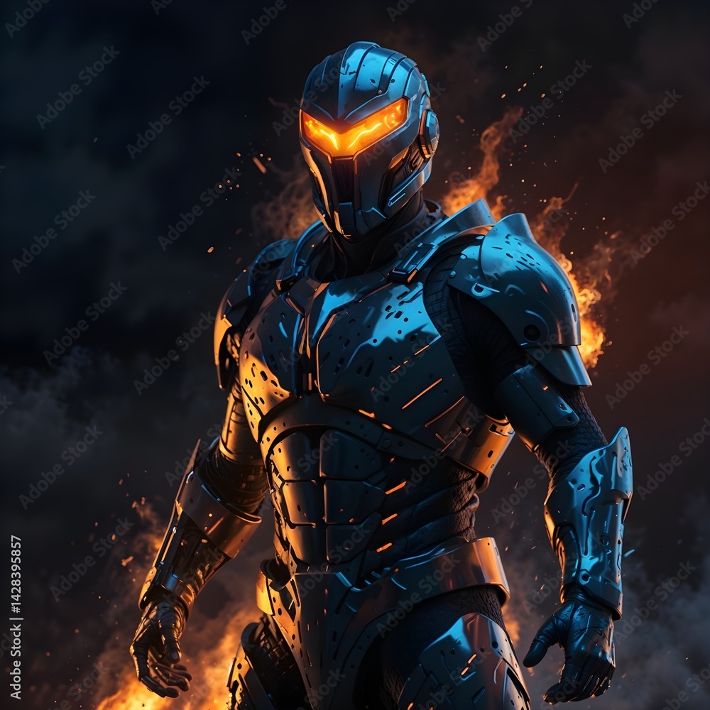 Fototapeta premium Cosmic Flame Warrior in Futuristic Armor