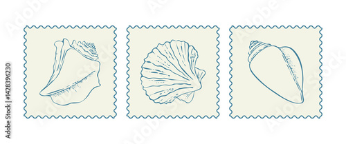 Nautical stamps with hand painted shells. Minimalist vintage nautical prints. Summer coastal design elements.