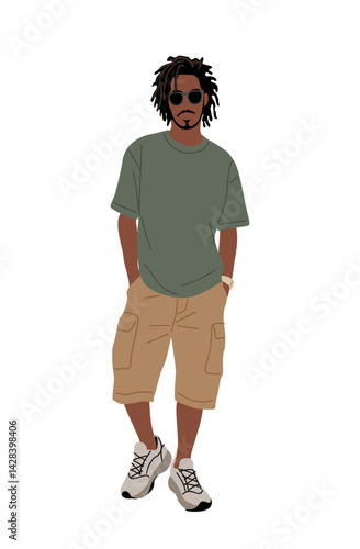 Hand-drawn flat vector illustration of a stylish Black man in cargo shorts, oversized t-shirt, and sneakers. Urban casual streetwear male character isolated on transparent background