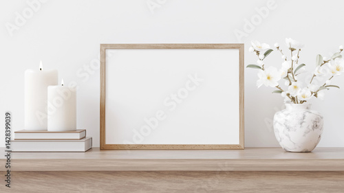 Small horizontal wooden frame mockup in traditional light interior. Classical shelf decoration with candles and blooming branches in vase. 3d rendering.