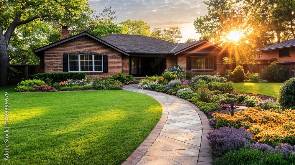 Fototapeta premium Beautiful Brick House Suburban Home Landscape Design Stunning Sunset Golden Hour Exterior Real Estate Photography Idyllic Garden Path Flowers Landscaping Lush Green Lawn Vibrant Blossoms Perfect Home 