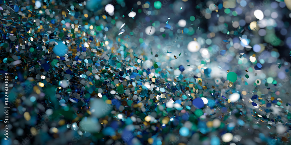 Naklejka premium Teal, blue, gold confetti texture, shimmering, celebratory, festive backdrop, ideal for design projects, cards or digital content
