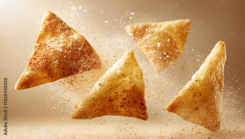 Crunchy tortilla chips mid-air with seasoning dust against a beige background with copy space for text