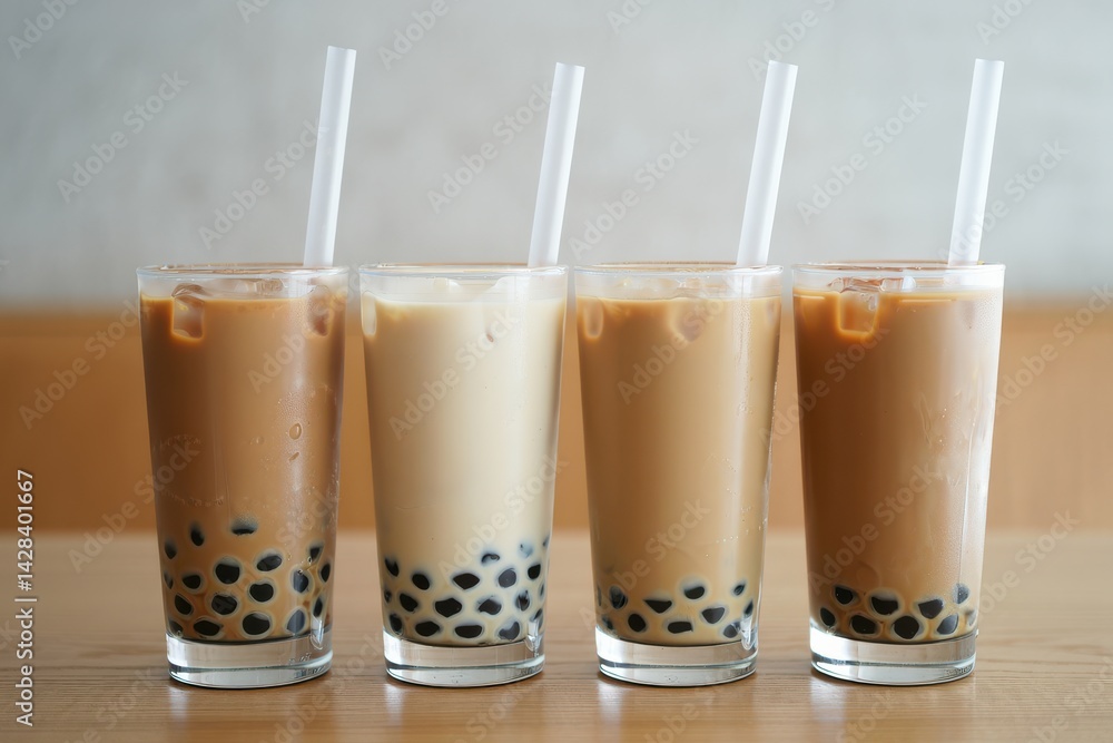 Variety of milk bubble tea in tall glasses