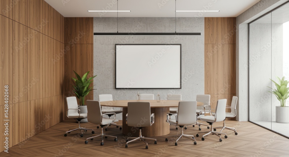Modern conference room with a large table chairs and blank screen. Modern conference room with a large table chairs and blank screen.
