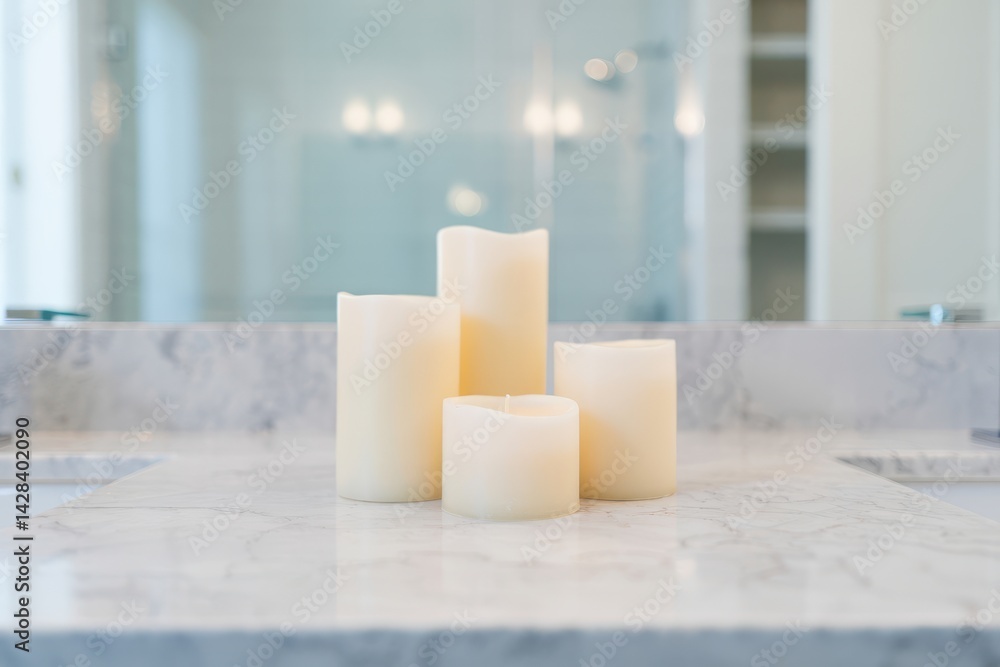 Close-up View Of White Marble Countertop With Candles And Blurred Bathroom Background