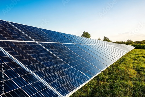 Obraz na płótnie A vast array of solar panels captures sunlight in a green field. This eco-friendly technology promotes renewable energy. Ideal for environmental projects. AI w salonie