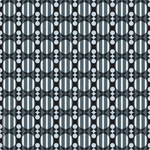 A vibrant and repeating geometric pattern featuring alternating columns of large ovals and vertical stripes. Seamless pattern for decorating, wallpaper, wrapping paper, fabric, backdrop, and etc