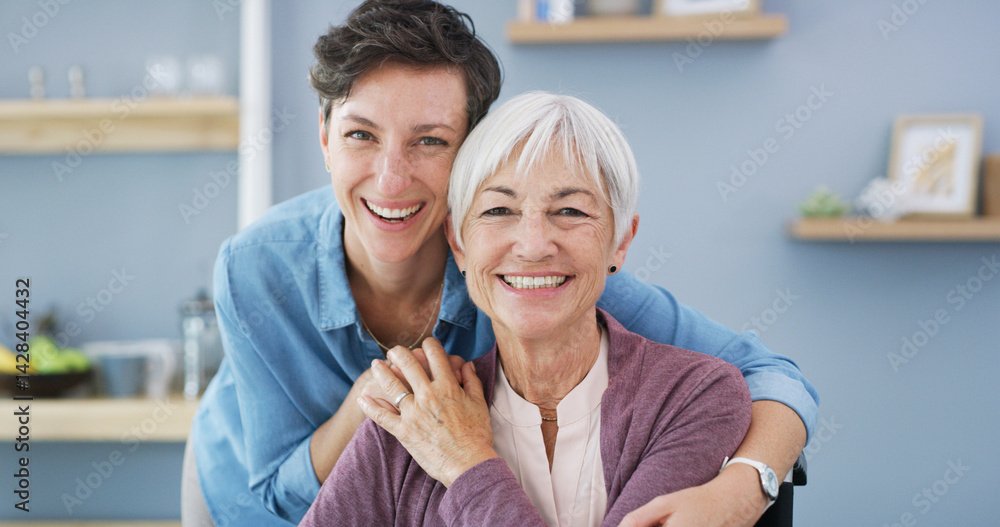 Hugging, portrait and woman with senior mother on sofa for bonding, connection and family time. Happy, love and female person embrace elderly mom with care in living room for visit at retirement home Hugging, portrait and woman with senior mother on sofa for bonding, connection and family time. Happy, love and female person embrace elderly mom with care in living room for visit at retirement home