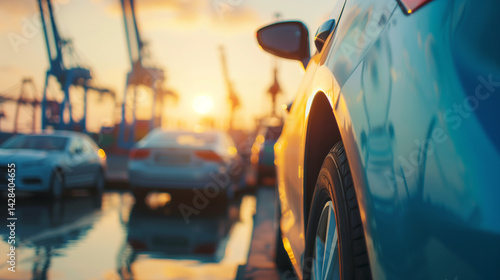Close-up of cargo ship transporting brand new vehicles at sunset, with port cranes in distance. Automotive logistics, international shipping and global trade concepts.