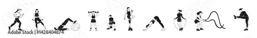 Women do sports and do exercises. Black and white vector illustration.