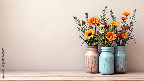 Wallpaper Mural Mother's Day background with natural wildflowers in jars and empty space for text. The composition is done in a rustic style. Torontodigital.ca