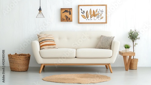Cozy living room with neutral sofa, art, and wooden accents
