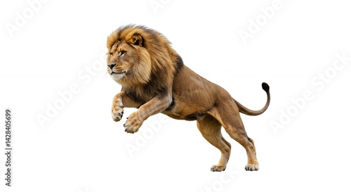 Powerful jumping lion isolated on white background