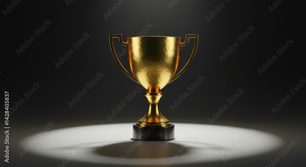 Golden trophy cup on a dark background with a spotlight shining on it. Golden trophy cup on a dark background with a spotlight shining on it.