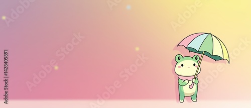 A charming 3D cartoon frog holding a colorful umbrella, wearing a pink scarf, standing on a dreamy pastel gradient background
