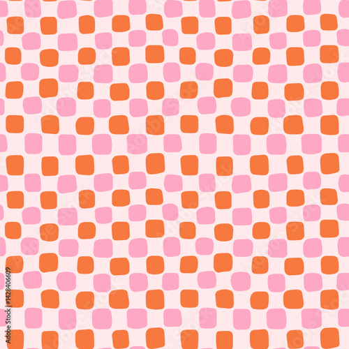 Retro Checkered Pink and Orange Groovy Vector Seamless Pattern, Hand Drawn Uneven Organic Irregular Squares Plaid Background