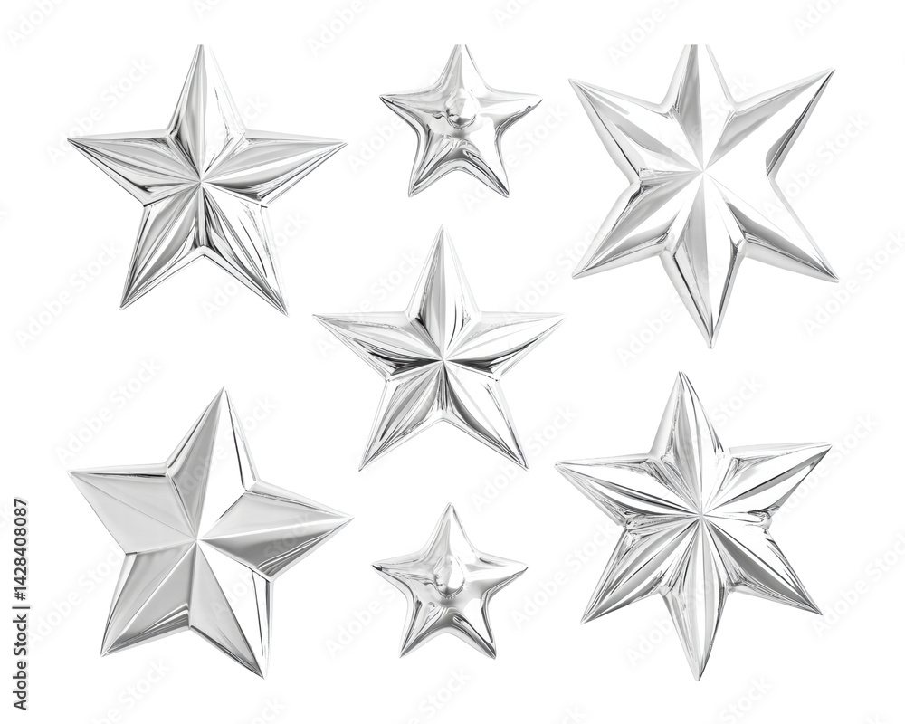 Collection of Various Silver Three-Dimensional Stars on a Transparent Background Collection of Various Silver Three-Dimensional Stars on a Transparent Background