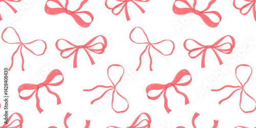 Seamless pattern with coquette pink bow flat isolated drawings, vector illustration