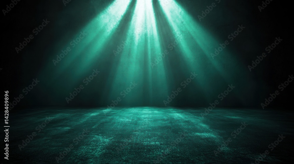 Fototapeta premium Teal light beams illuminate a dark, textured floor.