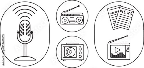 Media Icons: A stylized collection of media icons, each enclosed within a circle, representing various forms of communication and news delivery, presented in a clean and modern design.