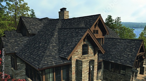 Luxury stone house featuring a durable asphalt shingle roof system design