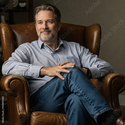 A middle-aged man with salt-and-pepper hair and a well-groomed beard sits comfortably in a vintage leather armchair