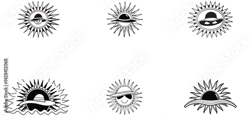 Sun with sunhat unique hand drawn line art silhouette vector set design