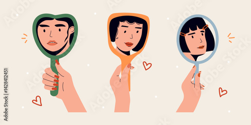 Hand holding mirror. Woman looking in mirror at herself, female face reflection in mirrors, cartoon woman character with positive self acceptance and confidence. Vector flat set