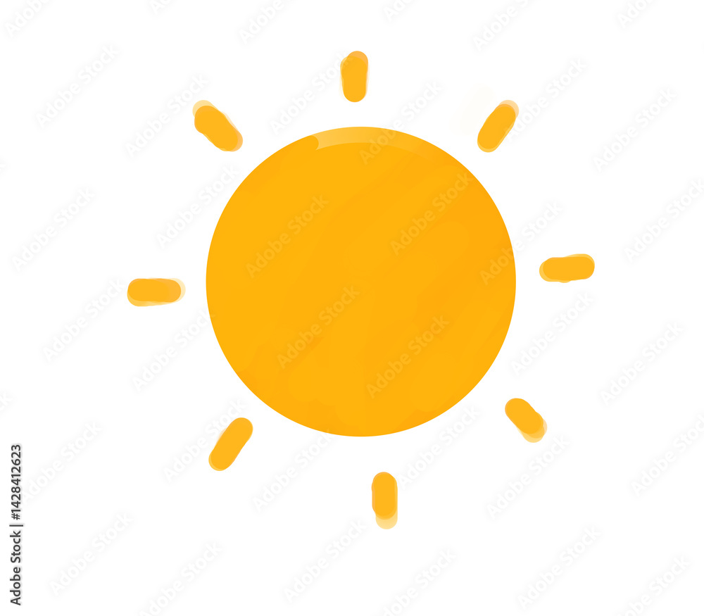 Painted sun illustration in doodle childish style on transparent background