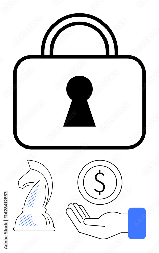 Large padlock symbolizing security, chess knight representing strategy, hand holding coin for finance. Ideal for cybersecurity, planning, investment, strategy, protection, trust simple landing page Large padlock symbolizing security, chess knight representing strategy, hand holding coin for finance. Ideal for cybersecurity, planning, investment, strategy, protection, trust simple landing page