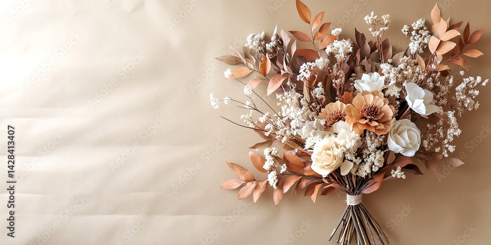 Beautiful bouquet of dried flowers with warm tones and soft textures. Perfect for home decor, weddings or special occasions. Aesthetic floral arrangement with earthy colors. AI