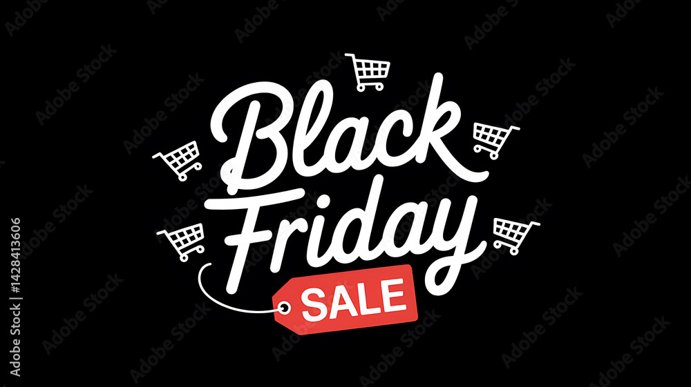 Fototapeta premium Black Friday sale graphic with white cursive text small shopping carts and a red price tag on a black background.