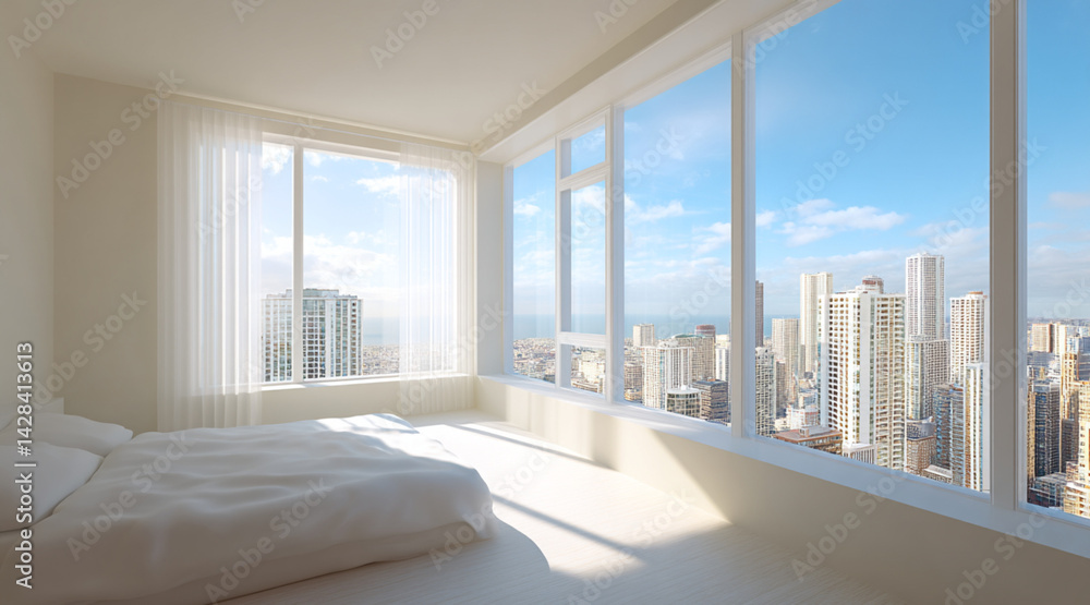 Minimalist bedroom interior with large windows and natural light overlooking cityscape with copy space for text