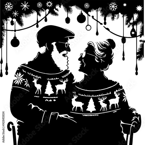Elderly couple in holiday sweaters sharing a joyful moment in silhouette  