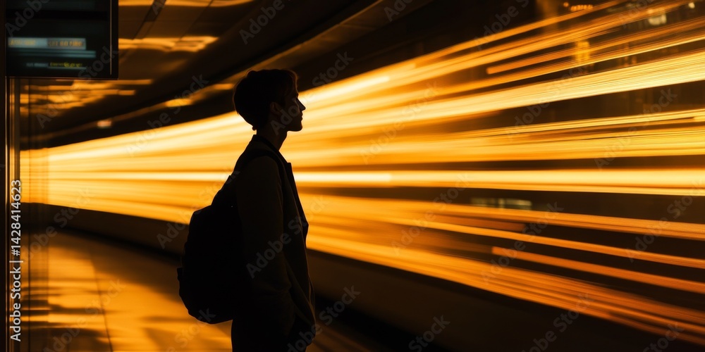 A person waits at a train station, silhouetted against a bright, dynamic background. The scene captures motion and anticipation in a modern travel setting.