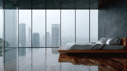Minimalist bedroom interior with large windows and natural light overlooking cityscape with copy space for text