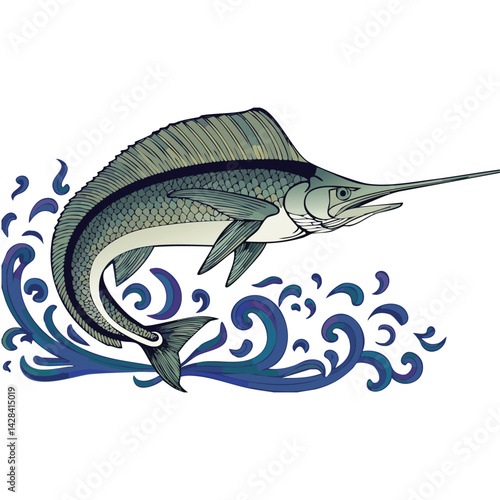 Stylized Marlin in Ocean Swirls