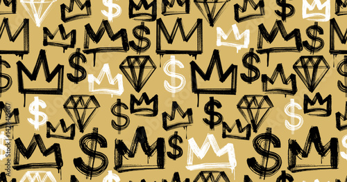 Street graffiti seamless pattern. Grunge black crown, dollar and diamond signs are painted with a dry brush isolated on gold background. Grunge texture. Vector flat graphic hand drawn illustration.