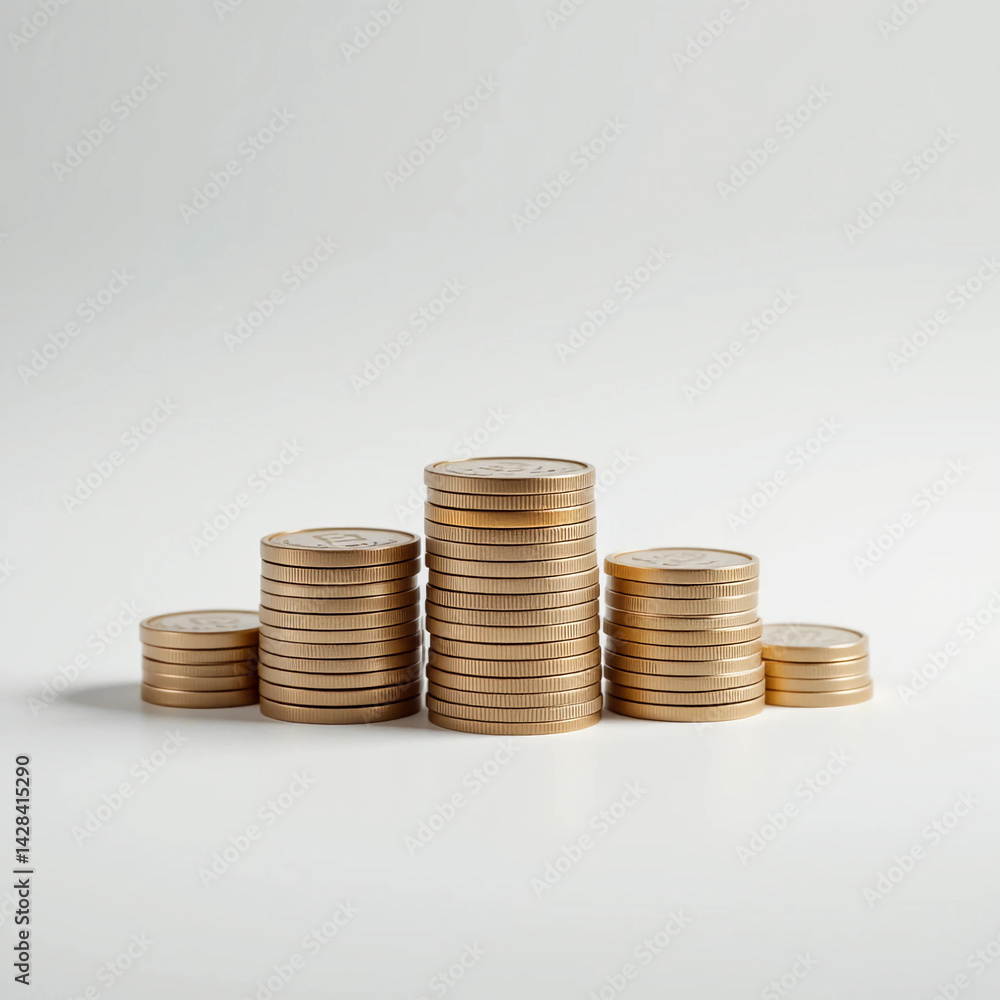 Gold Coin Stacks Representing Financial Growth on White Background Gold Coin Stacks Representing Financial Growth on White Background