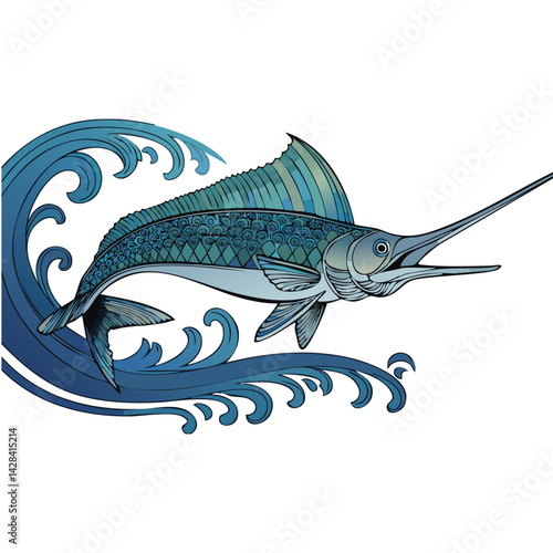 Stylized Marlin in Ocean Swirls